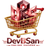 Metallic 3D DBS emblem placed inside a gold shopping cart with the text “DevBSan Online Shopee” below, representing an online shopping and e-commerce brand logo.