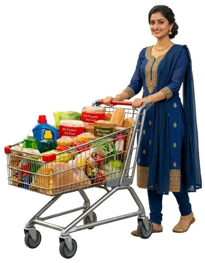 Woman pushing a shopping cart filled with groceries and household products