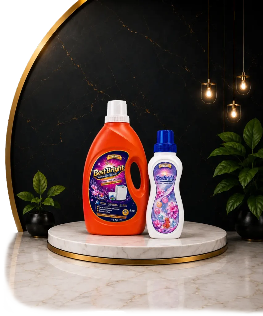 BestBright premium 5kg liquid detergent and 300ml fabric conditioner displayed on a luxury marble stand.